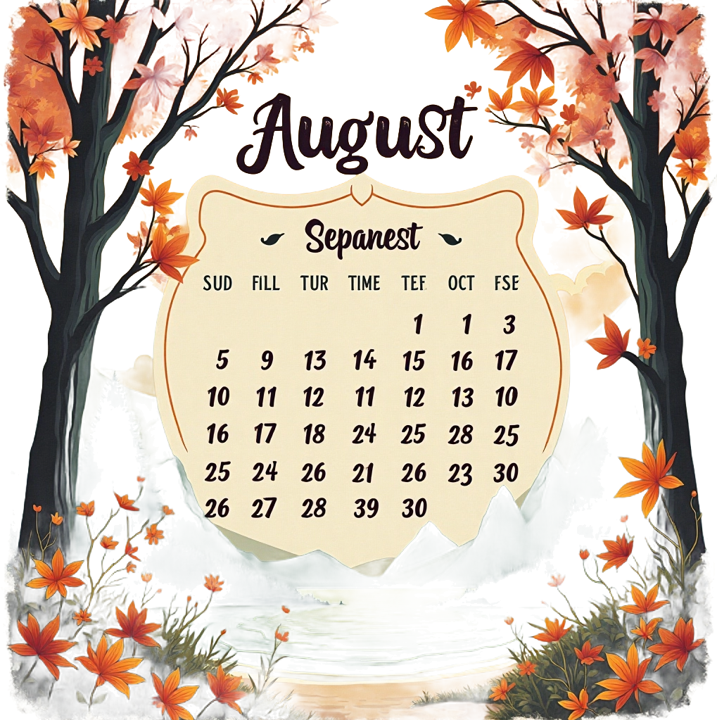 August Calendar with Autumn Scenery